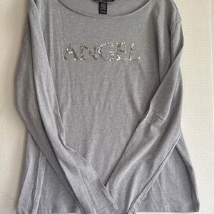 VICTORIA SECRET GRAY L/S GRAPHIC TEE SHIRT SIZE LARGE “ANGEL” IN SIVER SEQUINS